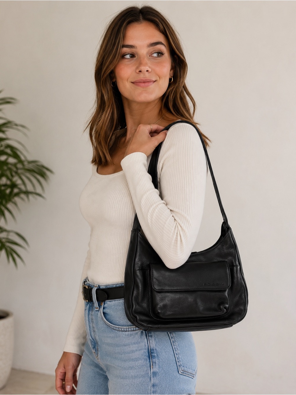 Vintage Fossil Black Leather Organizer Shoulder Bag Y2K Crossbody Purse